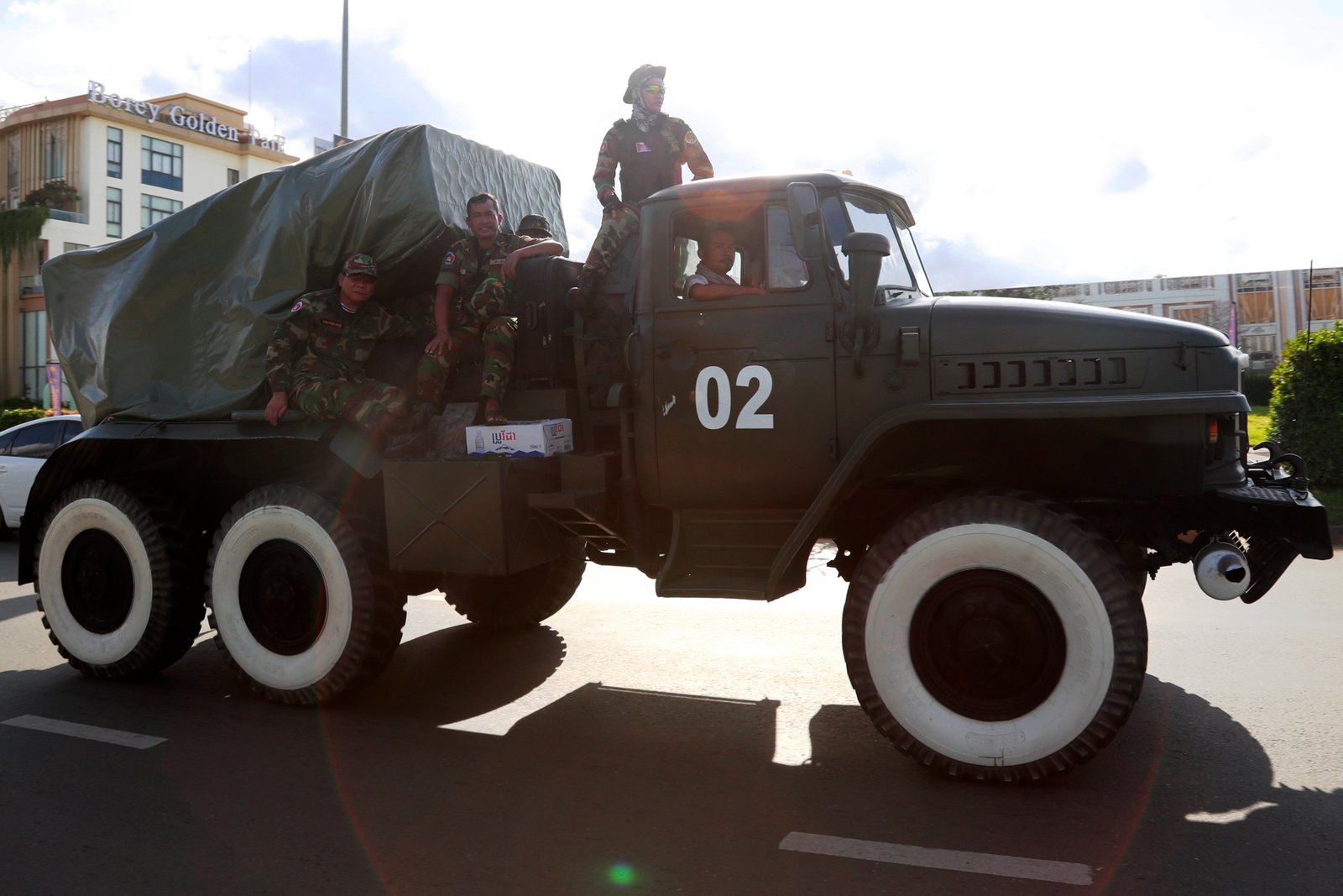Cambodian soldiers operating rocket launcher vehicle near Phnom Penh