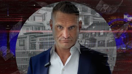 Composite image showing man looking ahead surrounded by cityscape ⁣and currency imagery