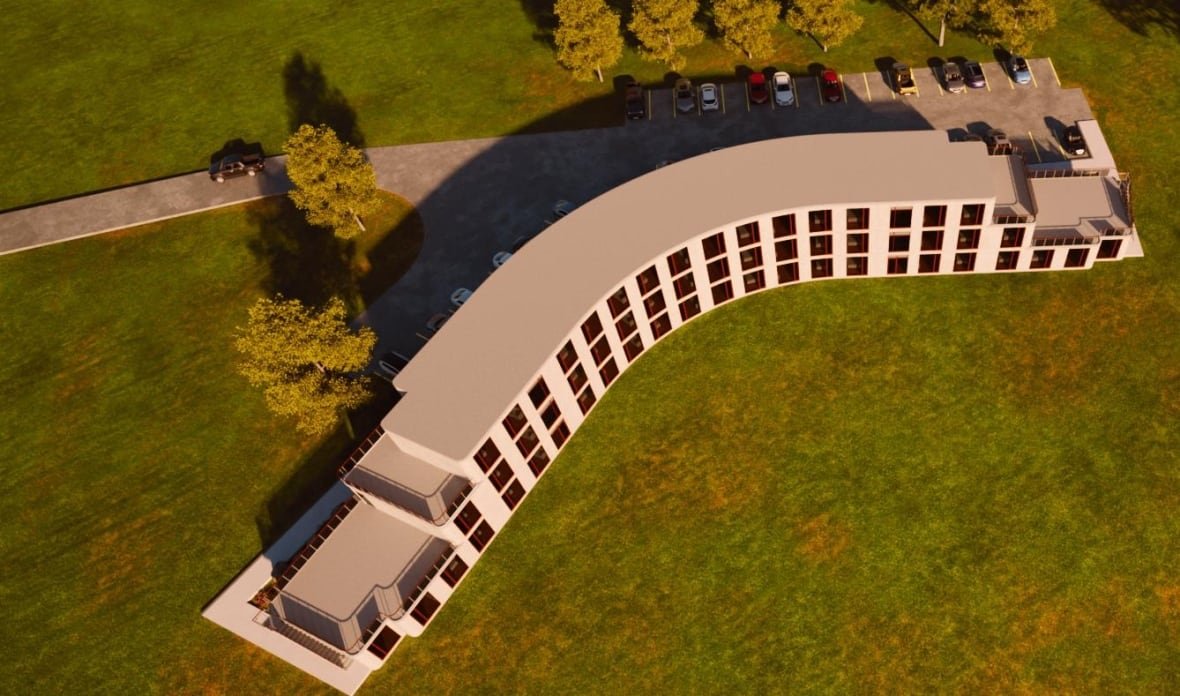 Futuristic curved-roof building design rendered artistically