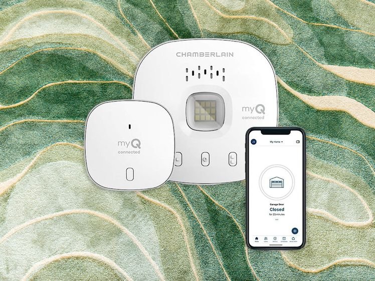 MyQ garage controller devices next to smartphone