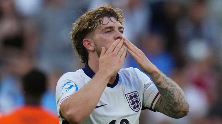England's Harvey Elliott celebrates after scoring against netherlands