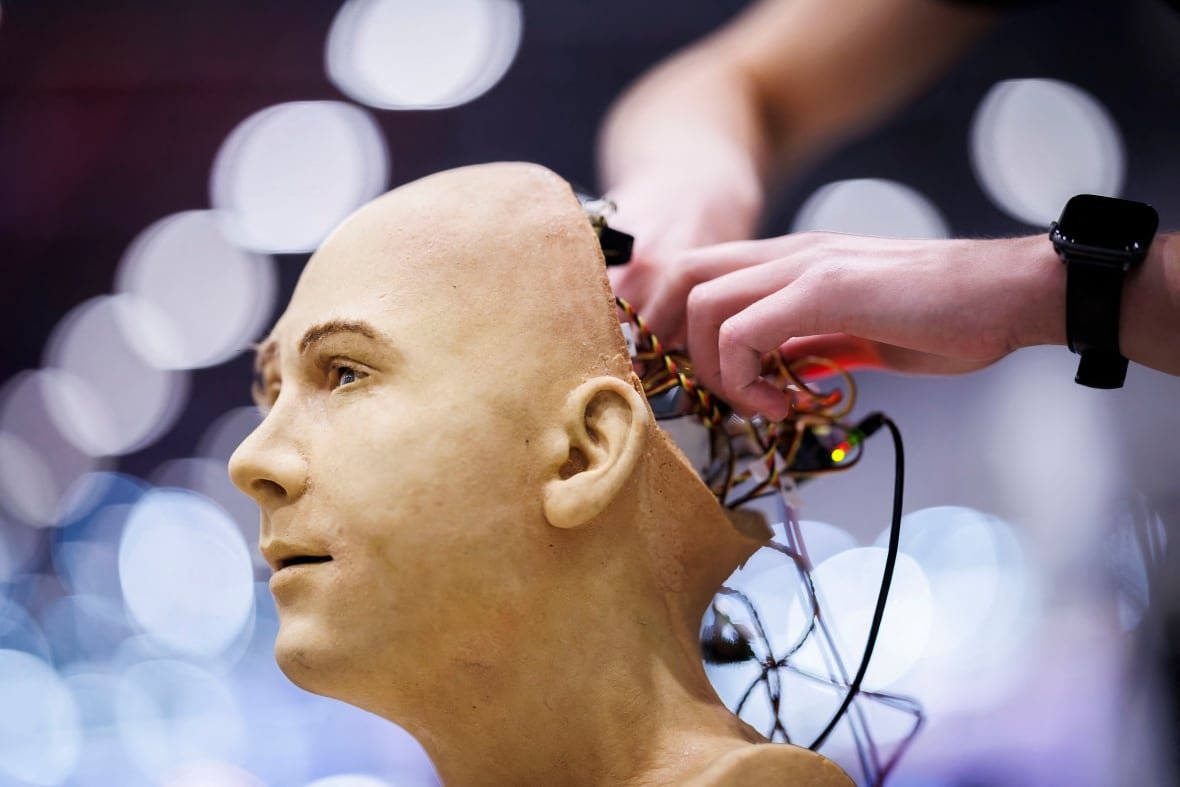 Engineer adjusting wires on realistic humanoid robot
