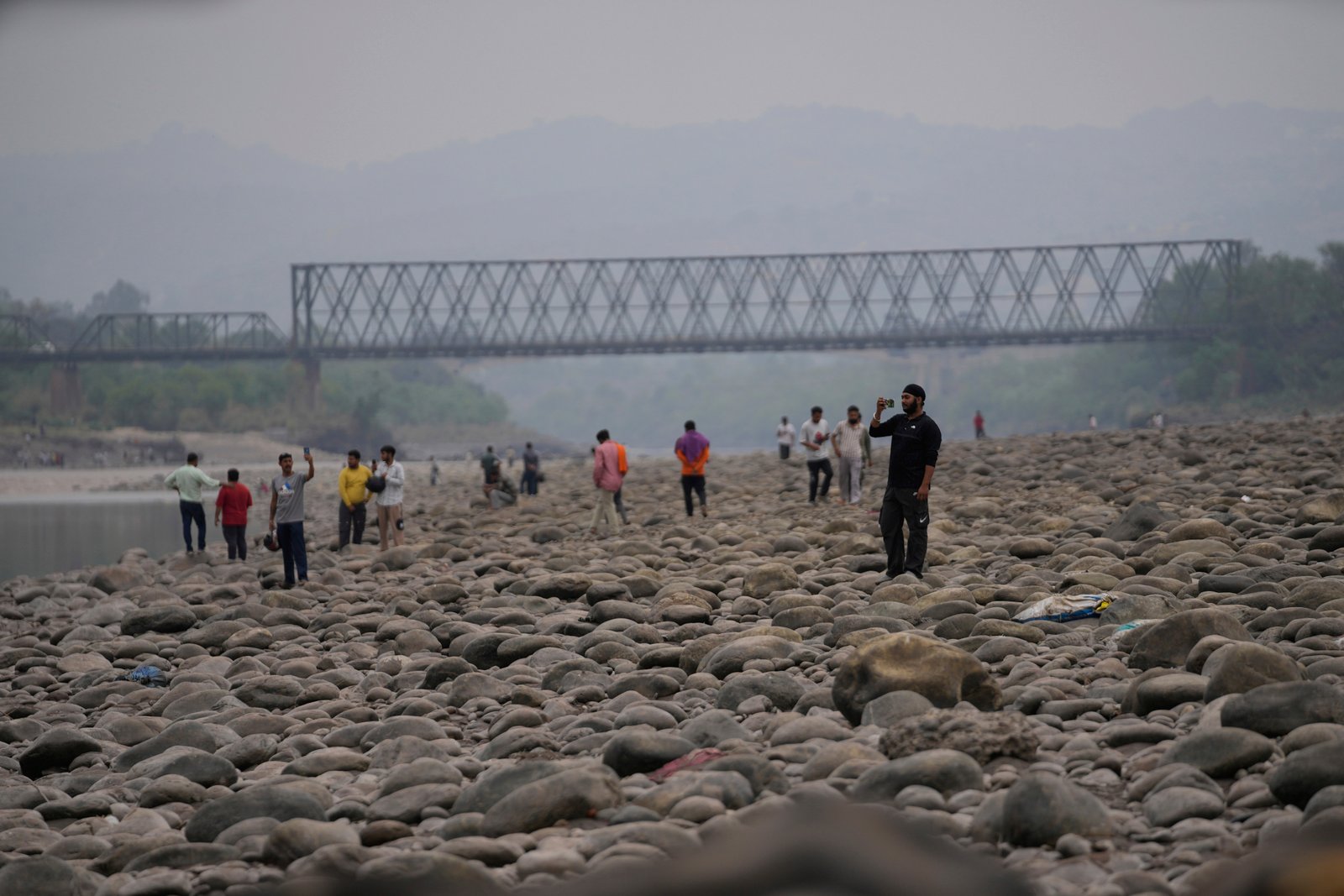Dry chenab River bed photographed after halted flow near Jammu
