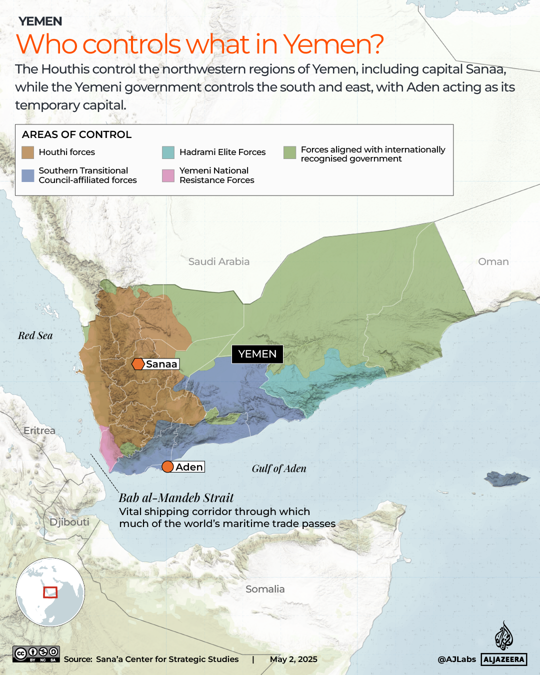 Map showing control zones within Yemen as of May 2025