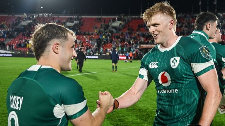 Ireland captain Craig Casey congratulates Tommy O'Brien after his two-try debut