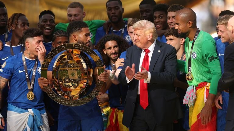 Reece James reacts surprised at Donald Trump's trophy lift appearance