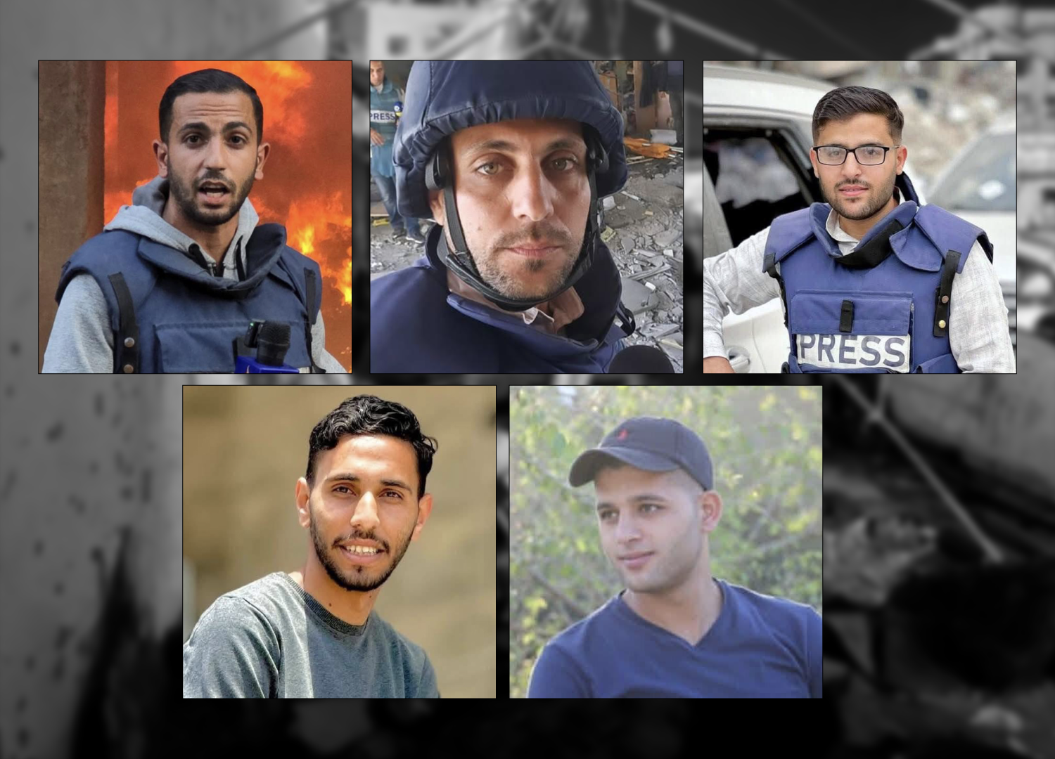 Portraits of five Al jazeera journalists killed during Israeli strike: anas al-Sharif,Mohammed Qreiqeh,Ibrahim Zaher,Moamen Aliwa,Mohammed Noufal