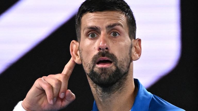 Novak Djokovic reacting during Australian Open quarterfinals