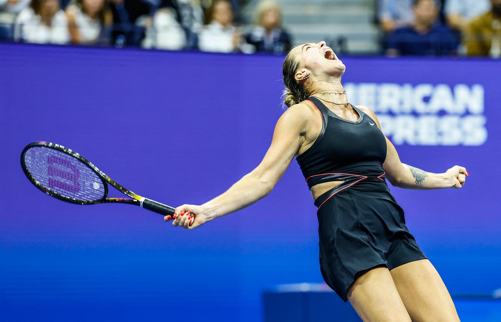 Aryna Sabalenka reacting during match