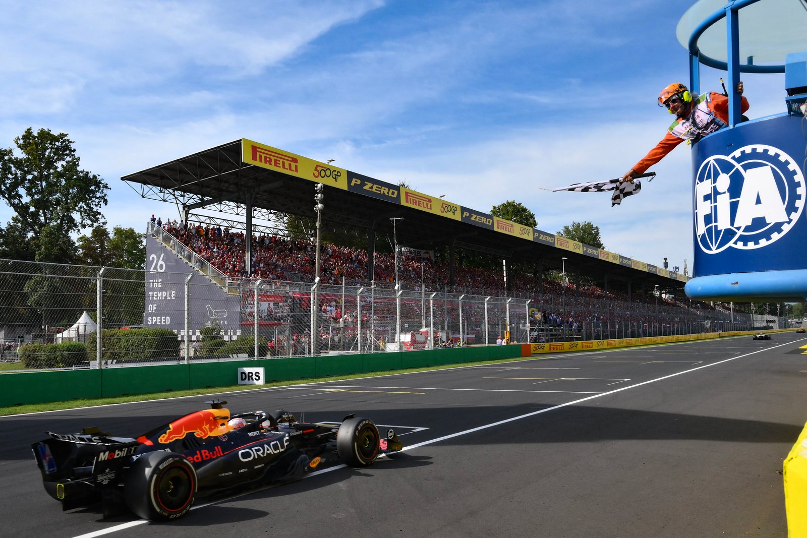 Max Verstappen crossing finish line at Monza
