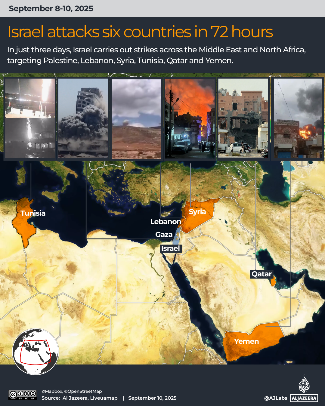 Map illustrating recent multi-nation Israeli military actions