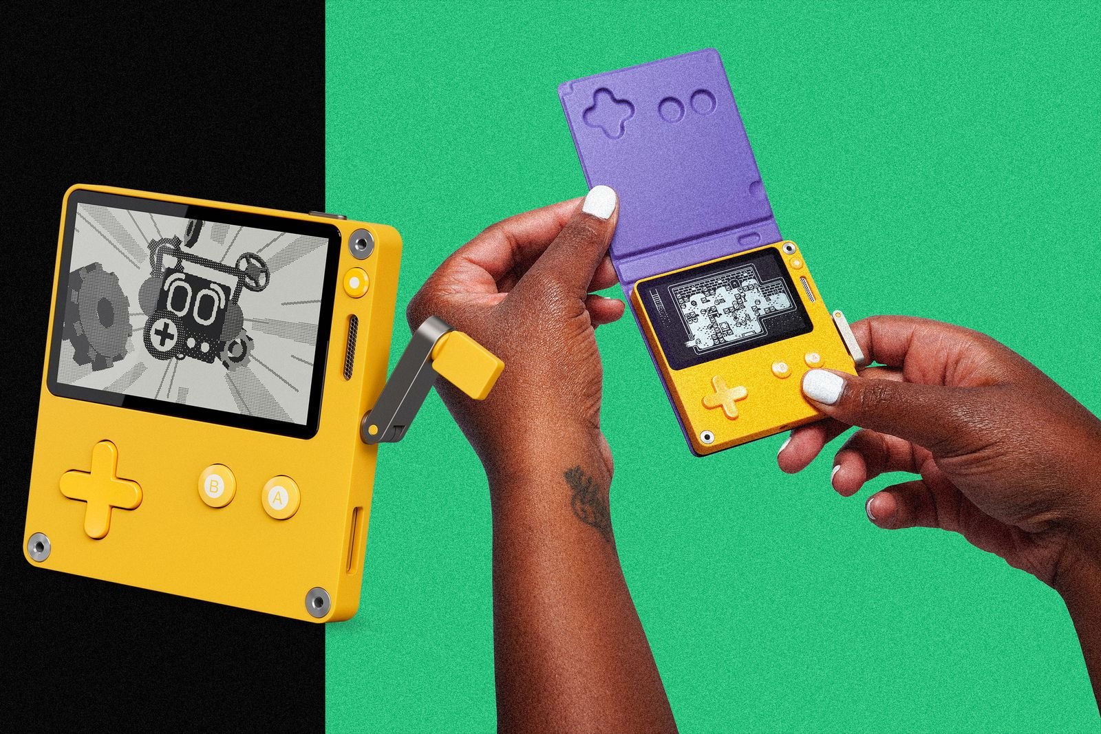 Playdate handheld console featuring distinctive crank control