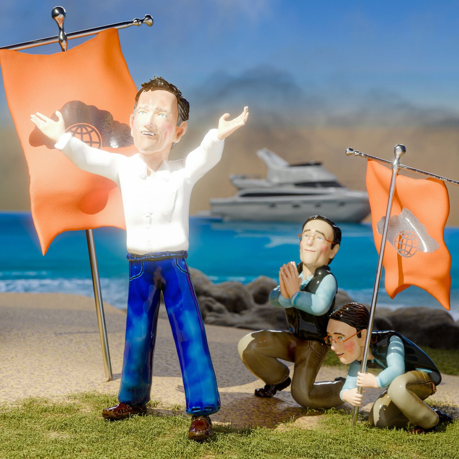 Futuristic artwork depicting tech leaders planting flags on newly claimed territories