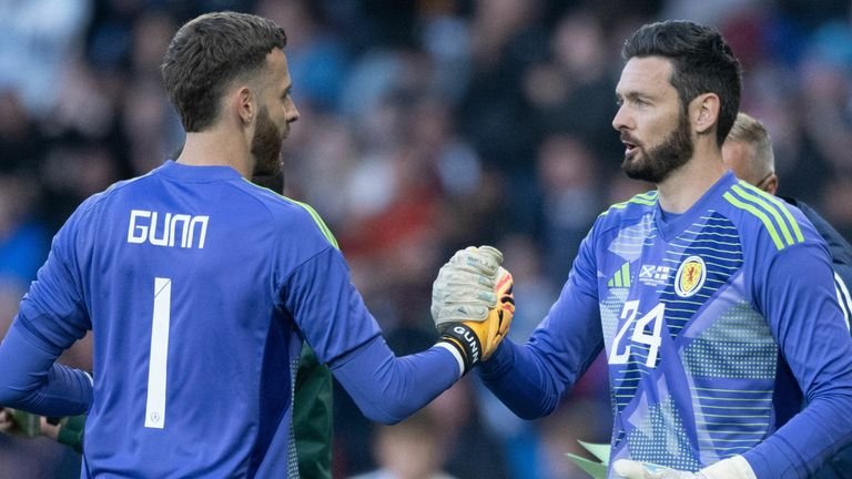 Angus Gunn (L) is currently Scotland No. 1 but now faces competition from Craig Gordon