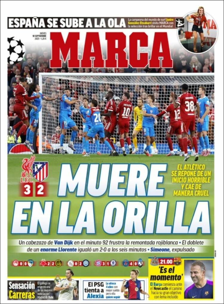 Spanish newspaper front page covering Atletico Madrid vs Liverpool