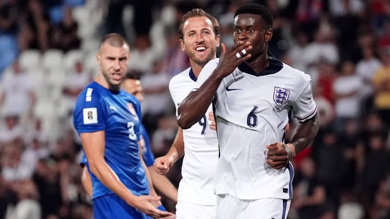 Marc Guehi celebrating after scoring against Serbia