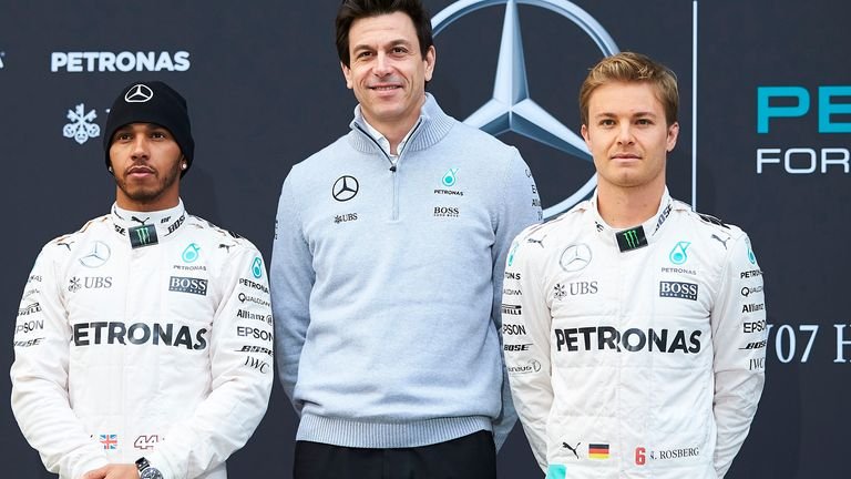 Toto Wolff with Lewis Hamilton and Nico Rosberg before 2016 F1 season