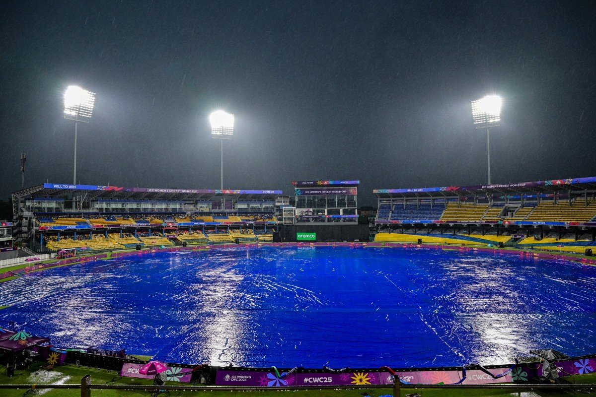 Covered pitch after rain caused abandonment of Sri Lanka vs Australia Women's ODI match at R Premadasa Stadium