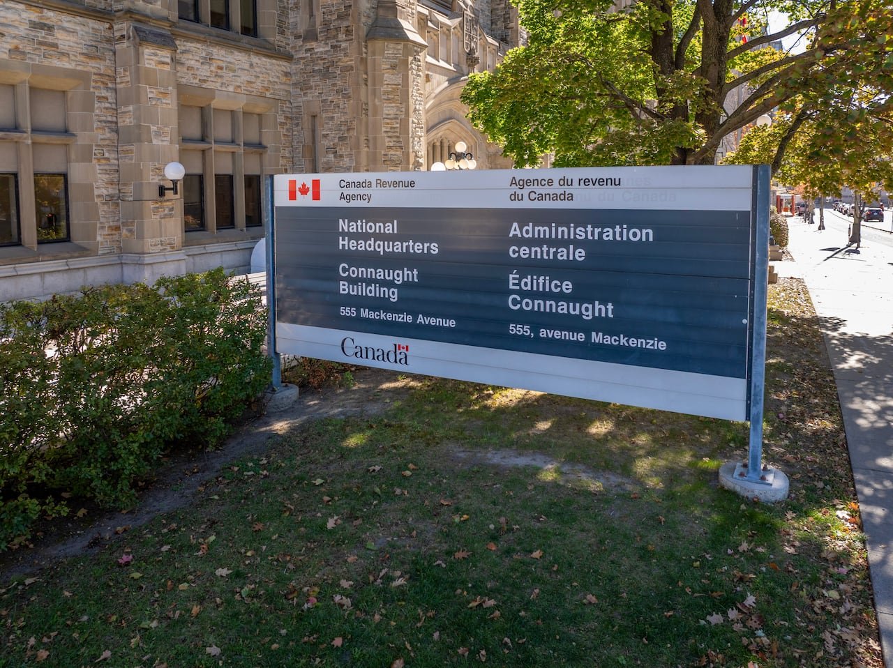 Canada Revenue Agency National headquarters sign outside stone building