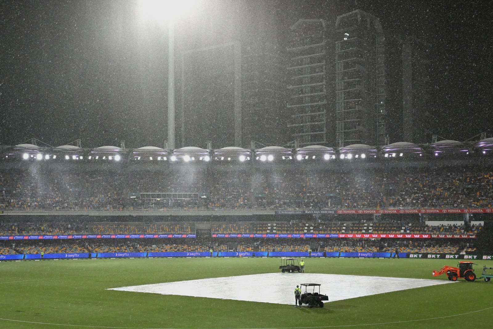Heavy rain covers gabba pitch during India vs Australia T20 match in Brisbane