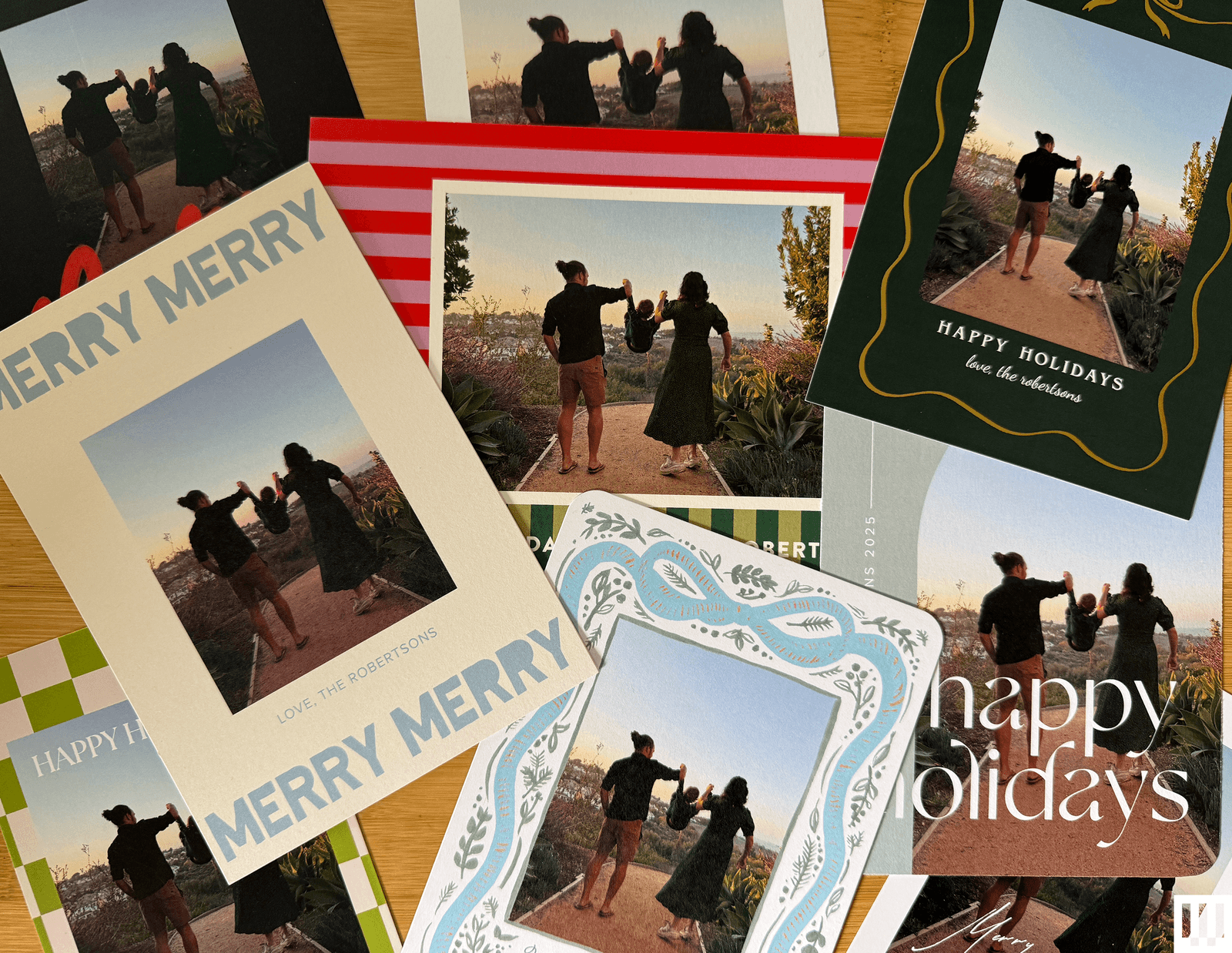 Collage showing various top-rated holiday photo card brands