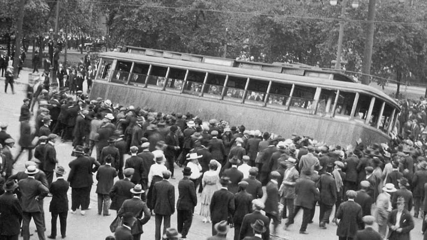 Strikers tipping over streetcar during Winnipeg General Strike