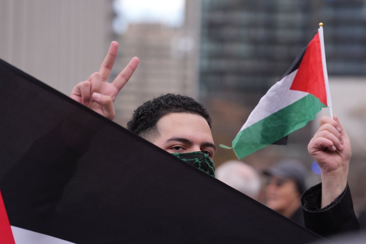 Individual holding Palestinian flag while wearing mask