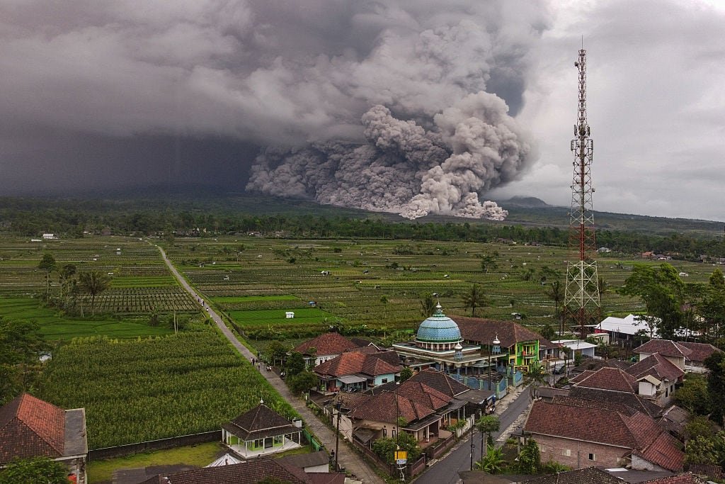 Aerial view showing pyroclastic flow descending mt Semeru slopes
