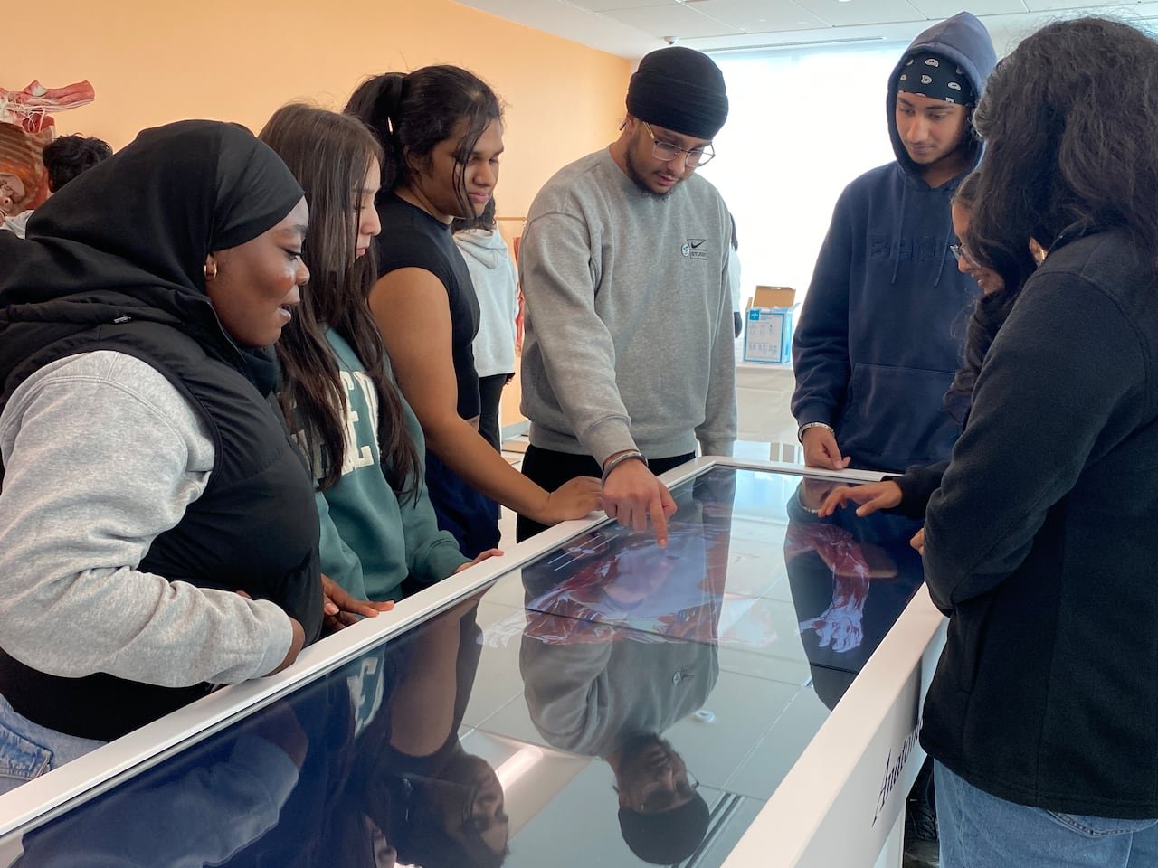 High school learners engaged around virtual dissection tables exploring detailed human anatomy