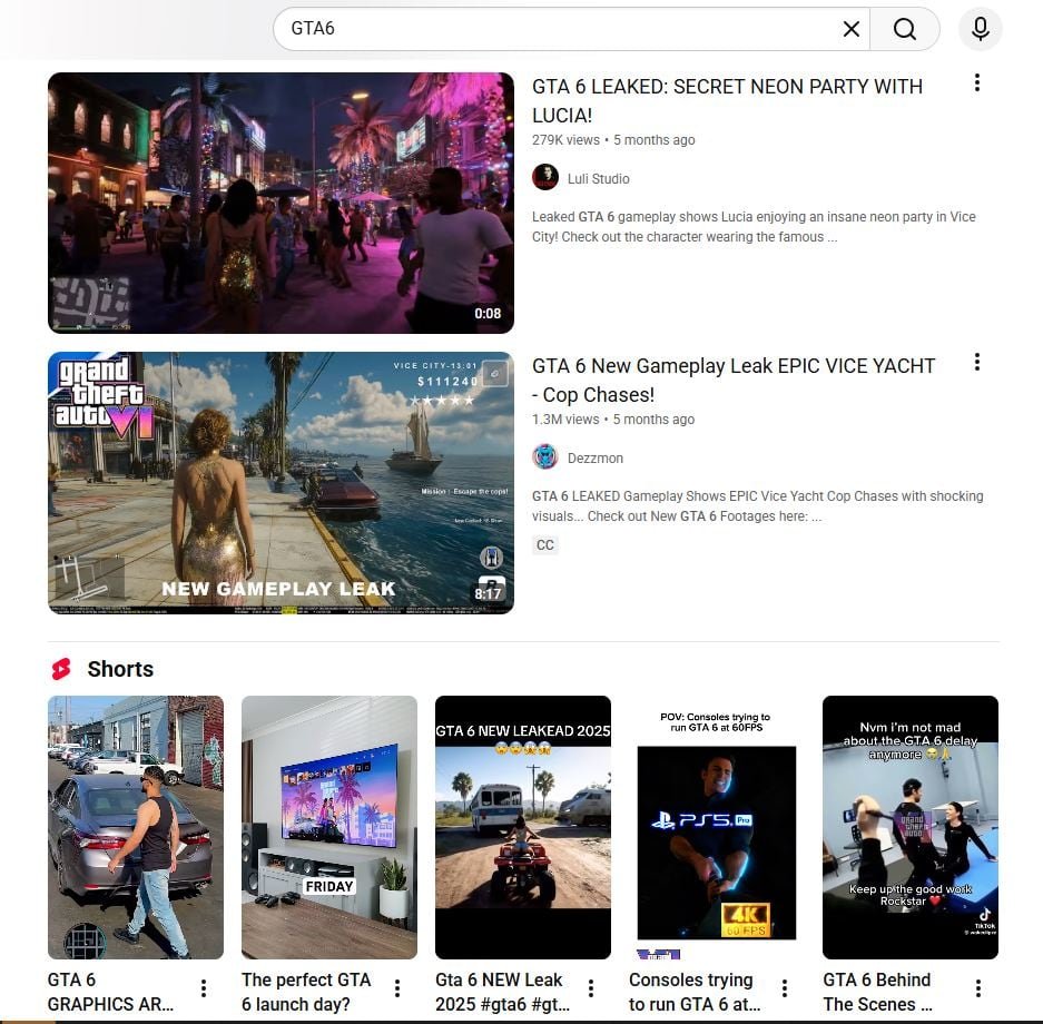 Screenshot showing multiple fake GTA6 videos on YouTube