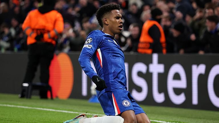 Estevao celebrating after scoring against Barcelona