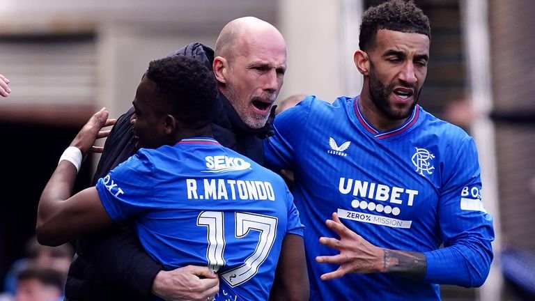 Rangers' Rabbi Matondo celebrates scoring alongside manager Philippe Clement and Connor Goldson