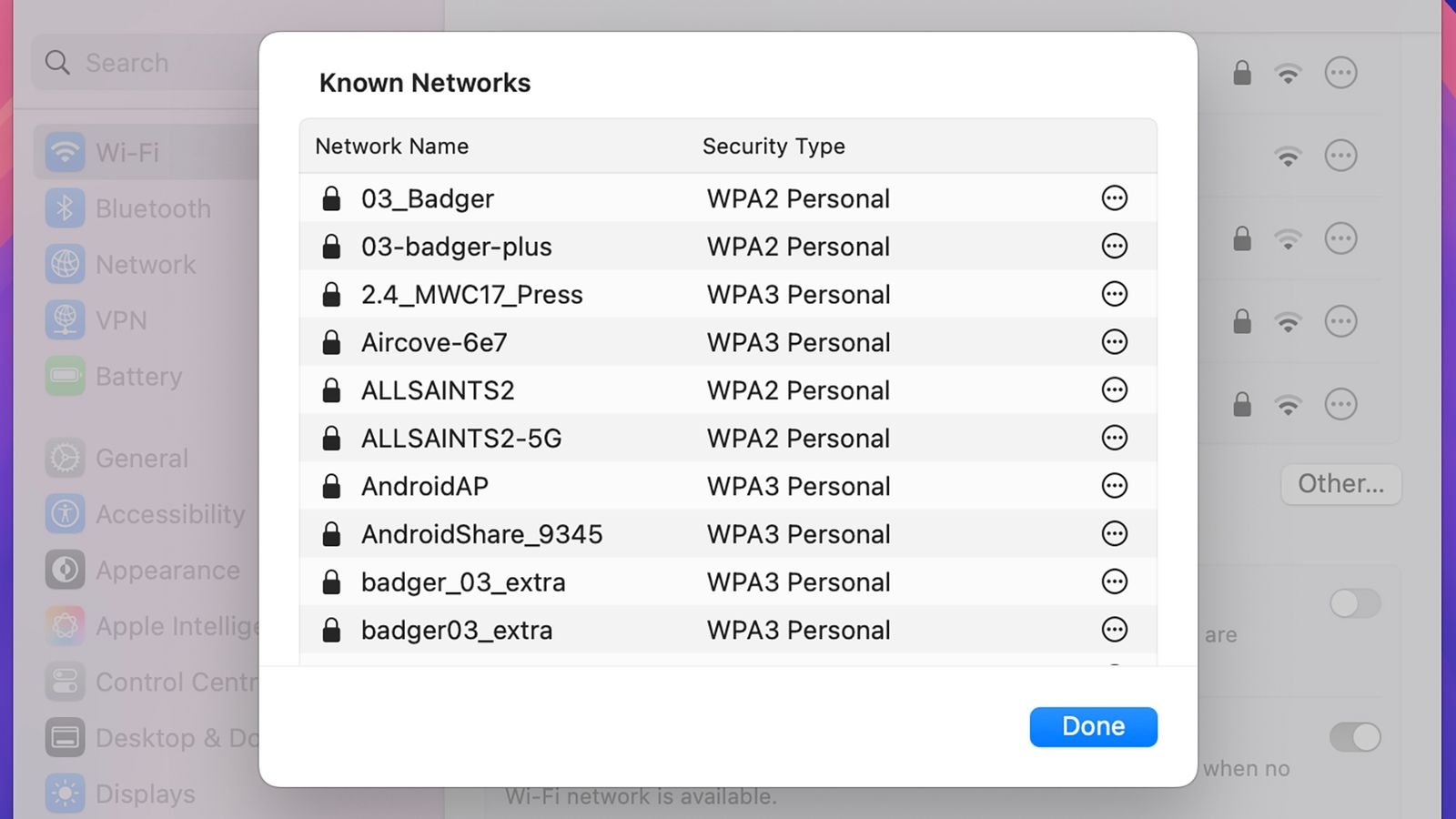 Device screen showing saved Wi-Fi network list