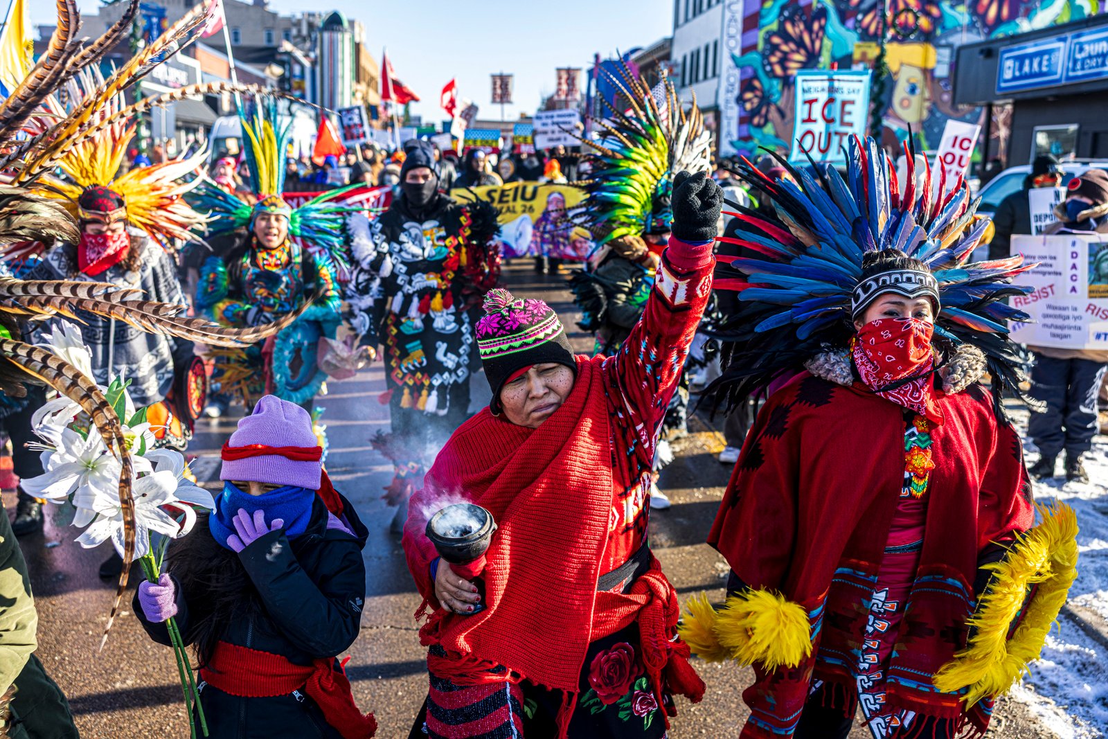 Protesters marching during cold weather rally 