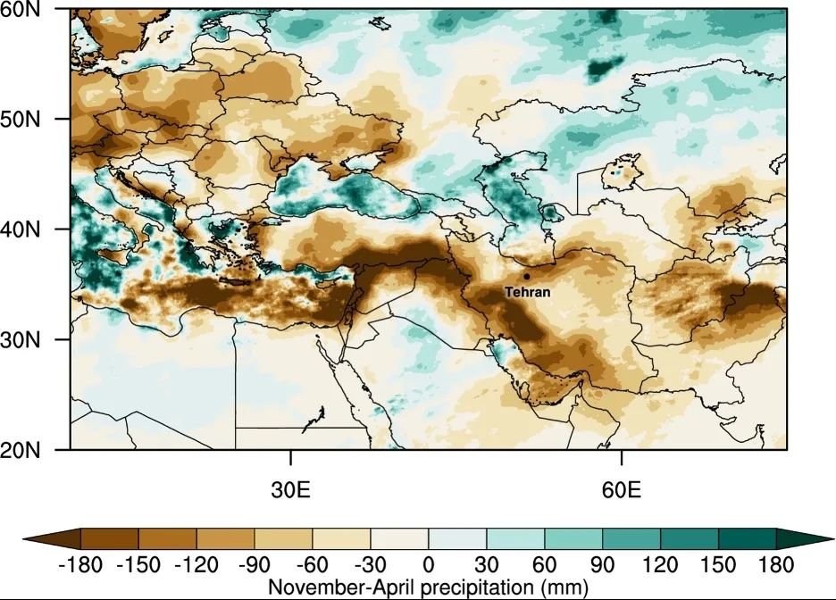 Precipitation anomaly map over Middle East region