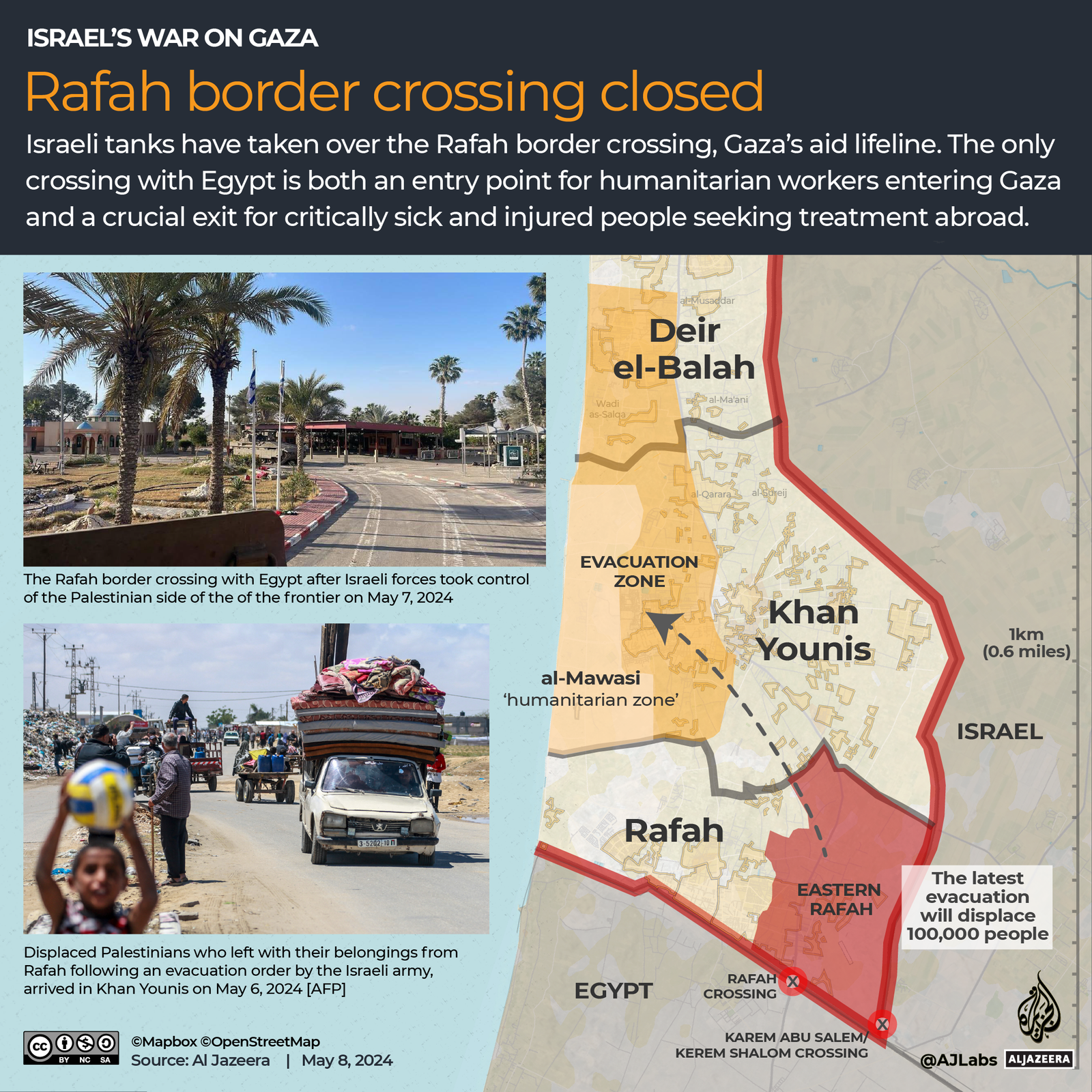 Map showing closed status of Rafah border crossing amid military presence
