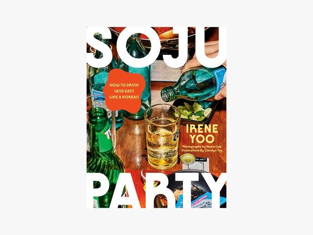 Cover of Soju Party cookbook showing a bottle pouring into a glass surrounding by other empty bottles
