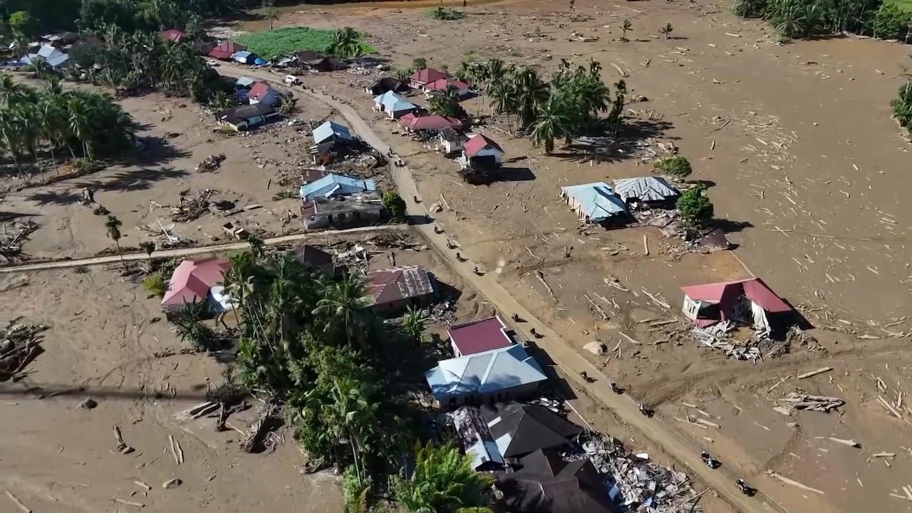 Aerial view showing flooded Indonesian town