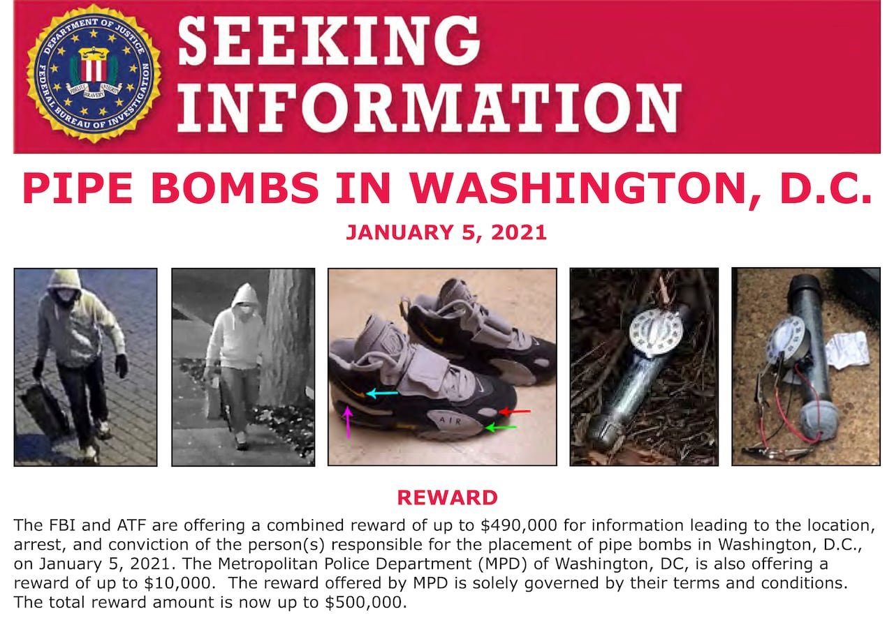 FBI poster showing suspect details related to ​pipe bomb investigation