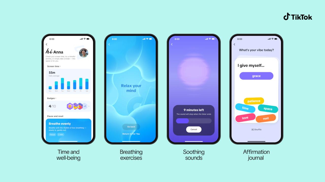 TikTok interface displaying Time & Well-being space featuring breathing exercises
