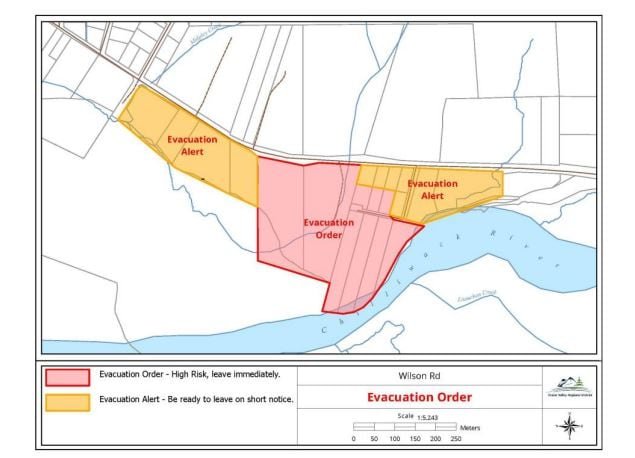 Map showing evacuation zones near Chilliwack River valley