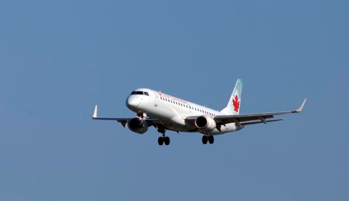Air Canada jet flying against blue sky