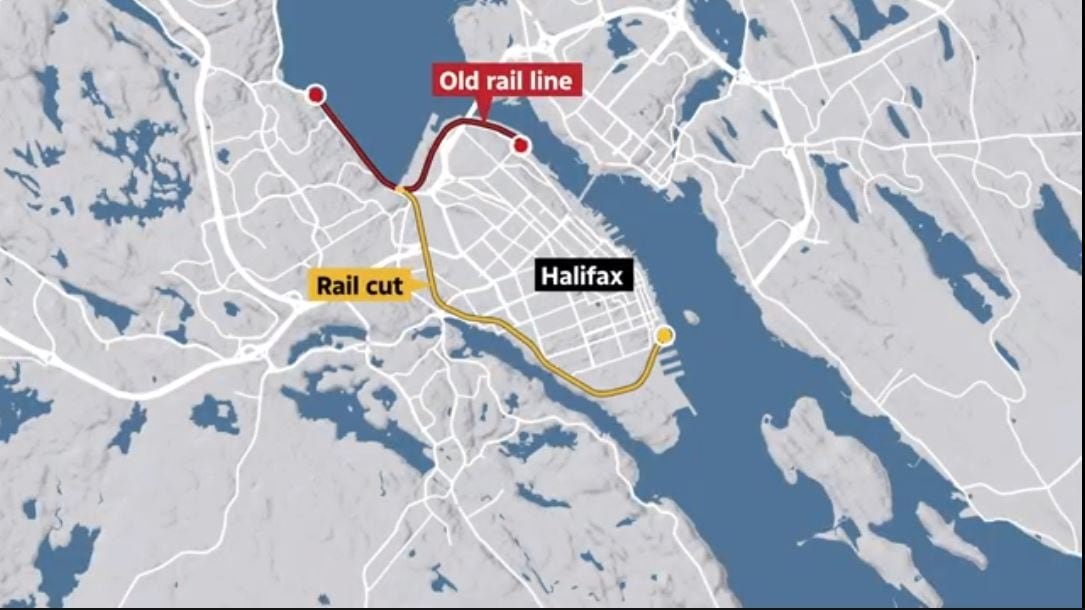 Map comparing historic versus new railway routes bisecting peninsula