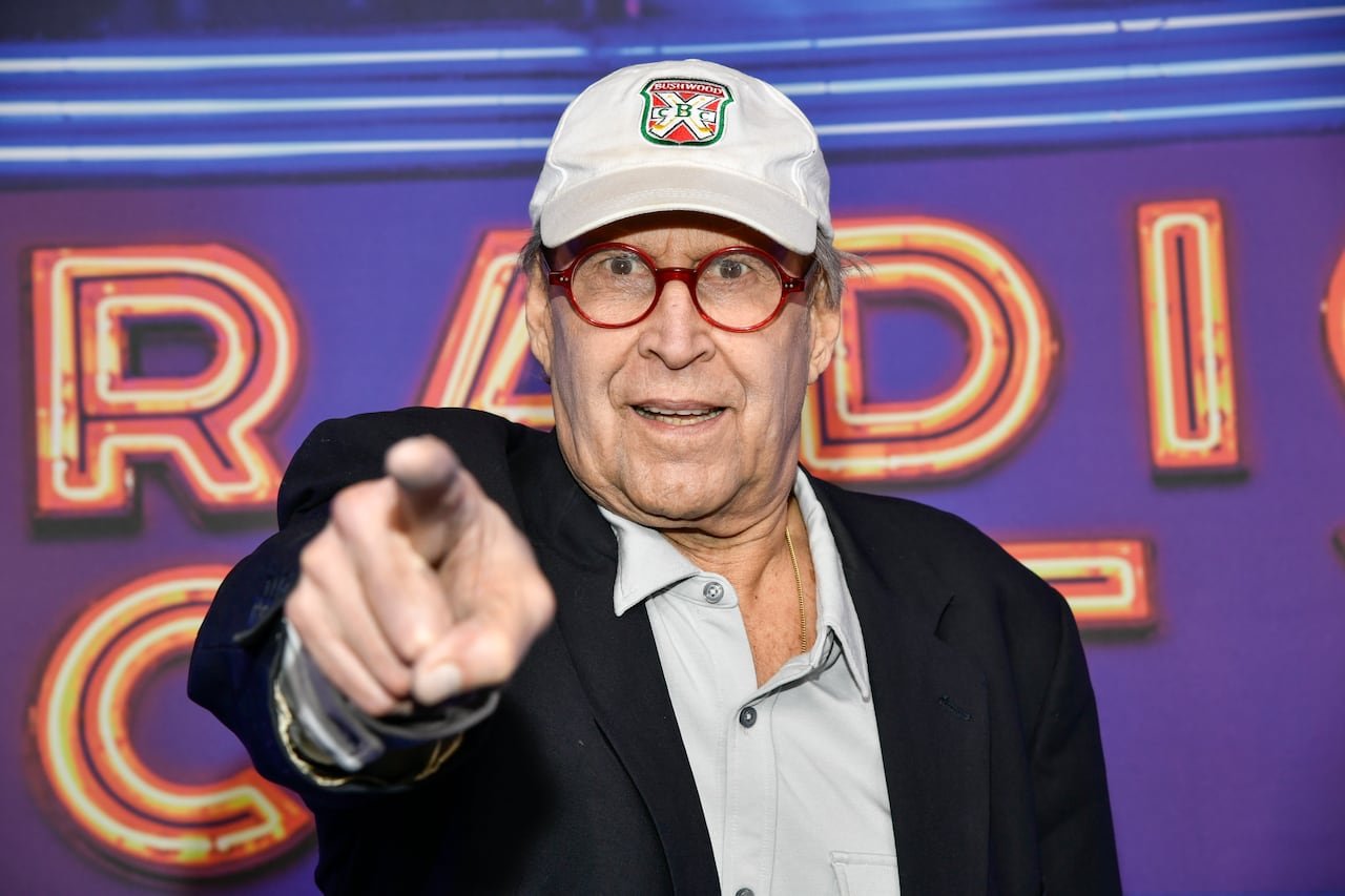 Chevy Chase wearing glasses and pointing at camera