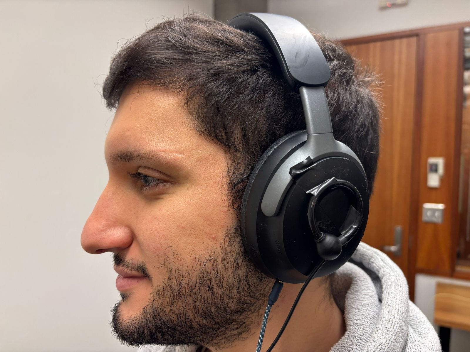 Person wearing Hearvana AI prototype headphones