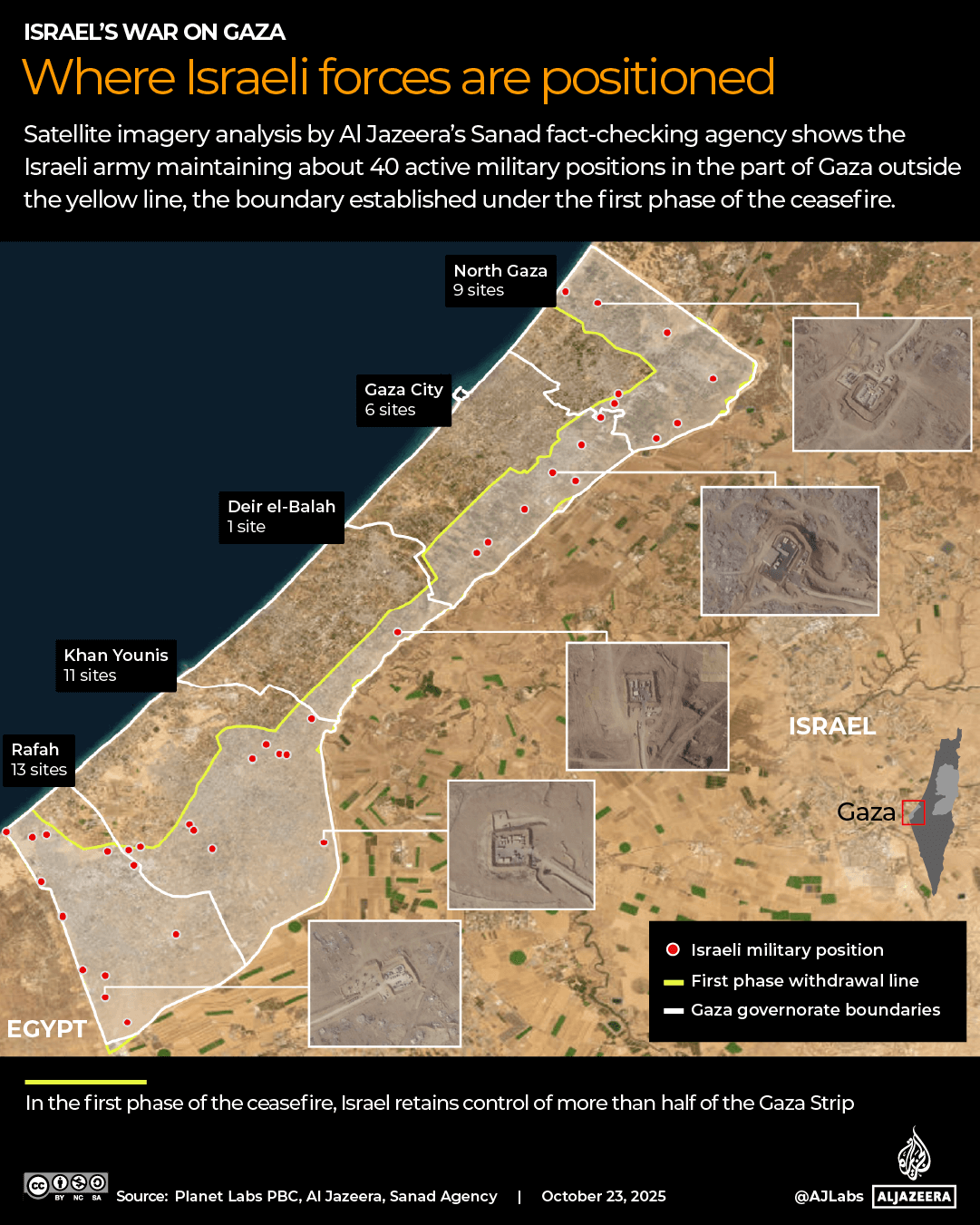 Map showing positions of Israeli forces along yellow line near Gaza