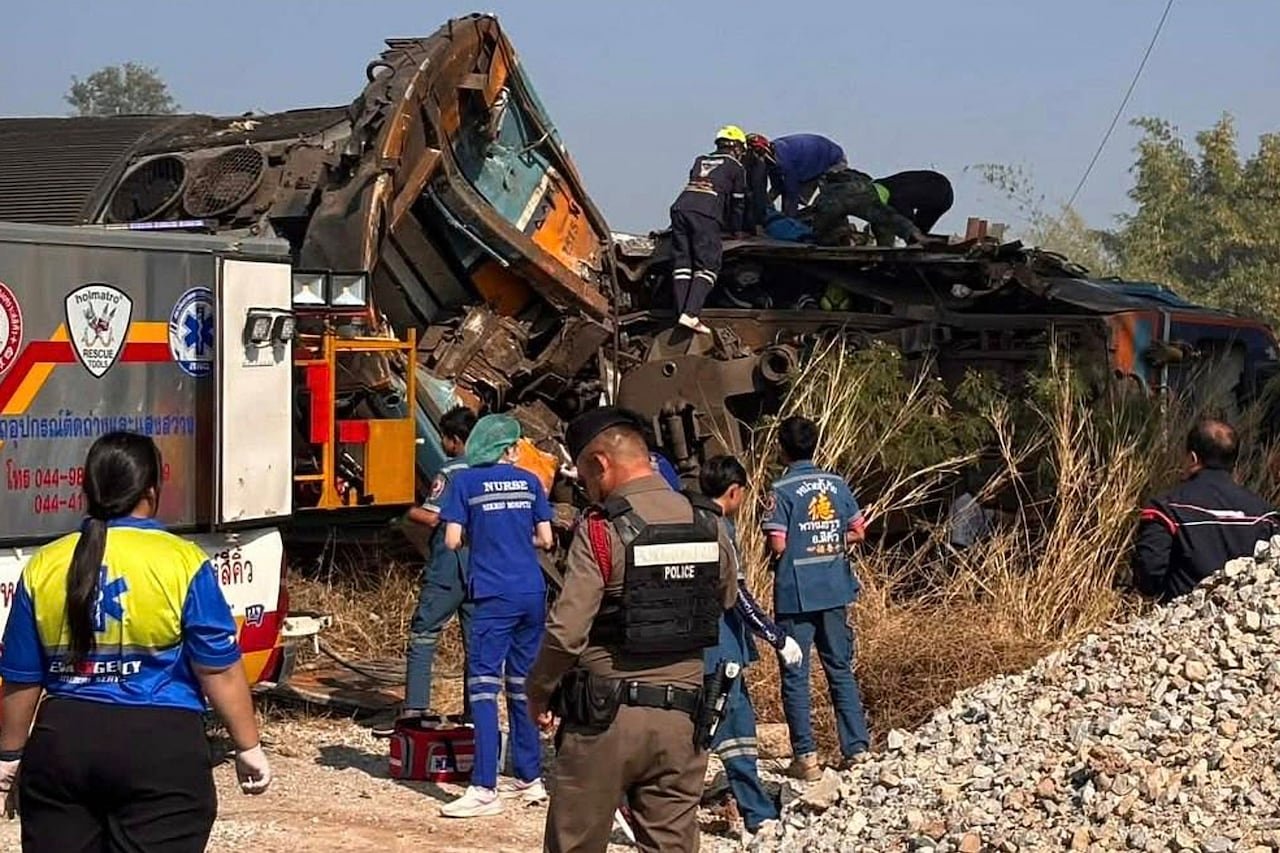 Aid workers respond after crane falls onto passenger train causing derailment