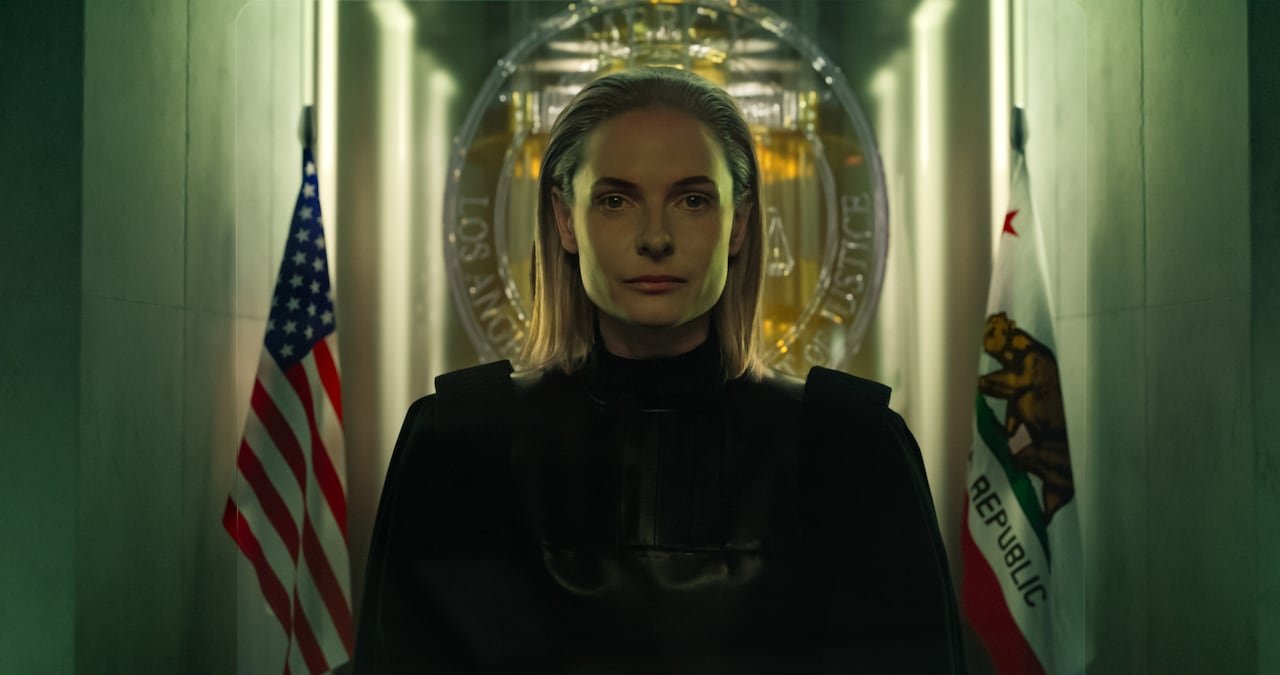 Rebecca Ferguson as Judge Maddox presiding over court