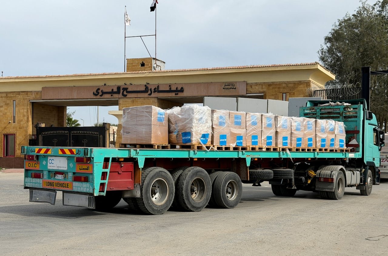 Humanitarian aid truck waiting at Rafah border