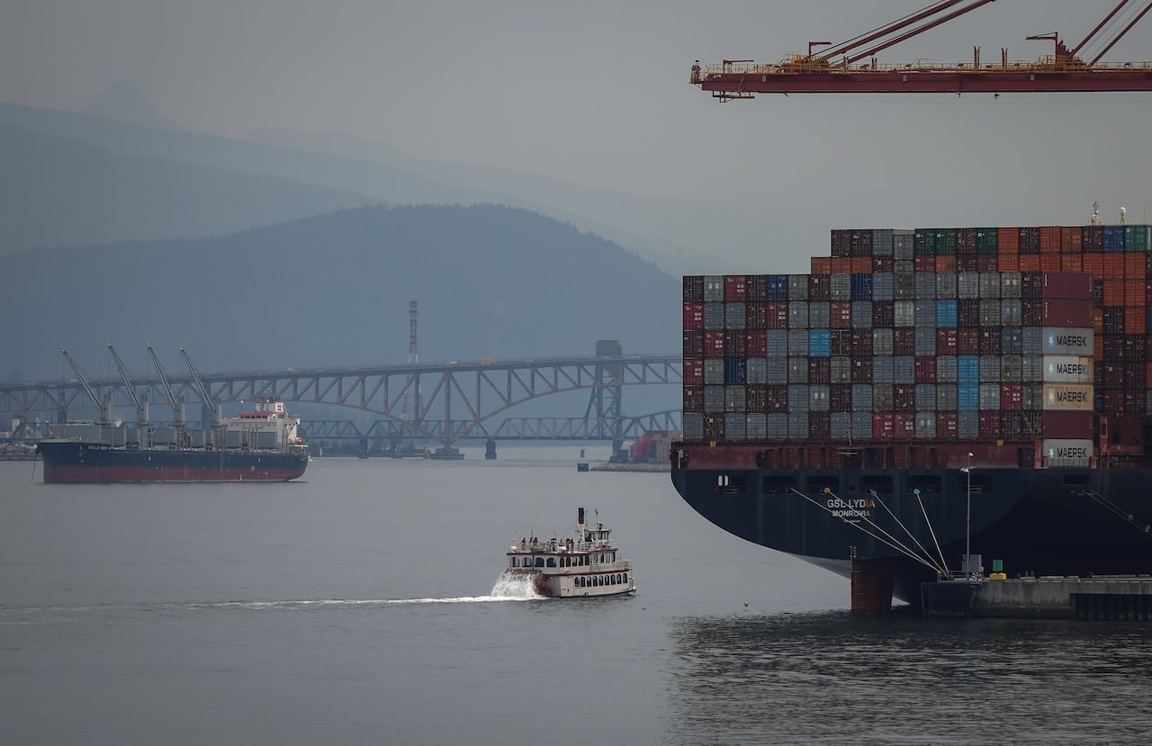 Cargo ships docked at Vancouver port